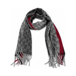 Monogram Grey Cashmere & Wool Scarf with Red & Black Stripe