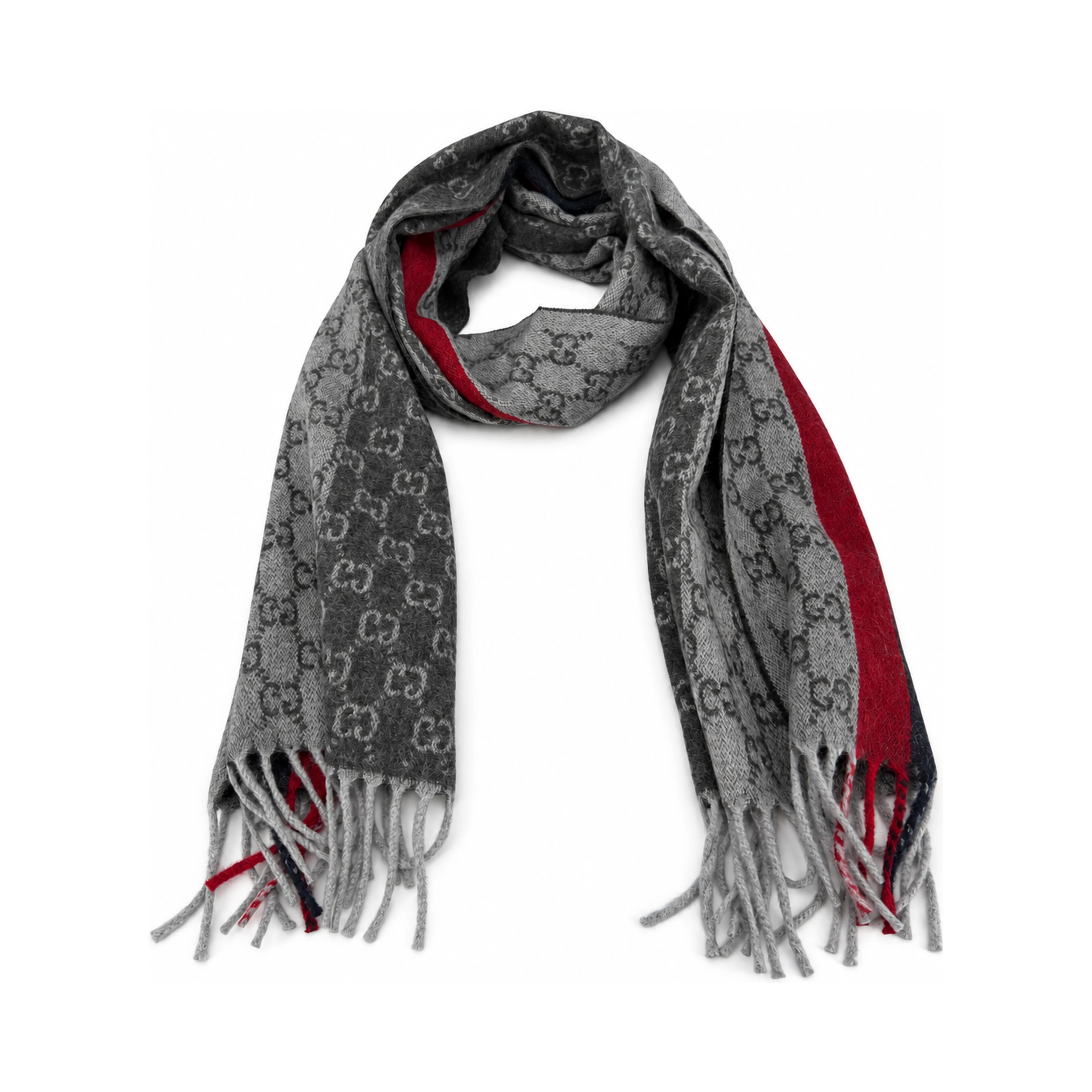 Monogram Grey Cashmere & Wool Scarf with Red & Black Stripe
