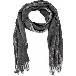 Monogram Charcoal Grey Cashmere & Wool Scarf with Fringe