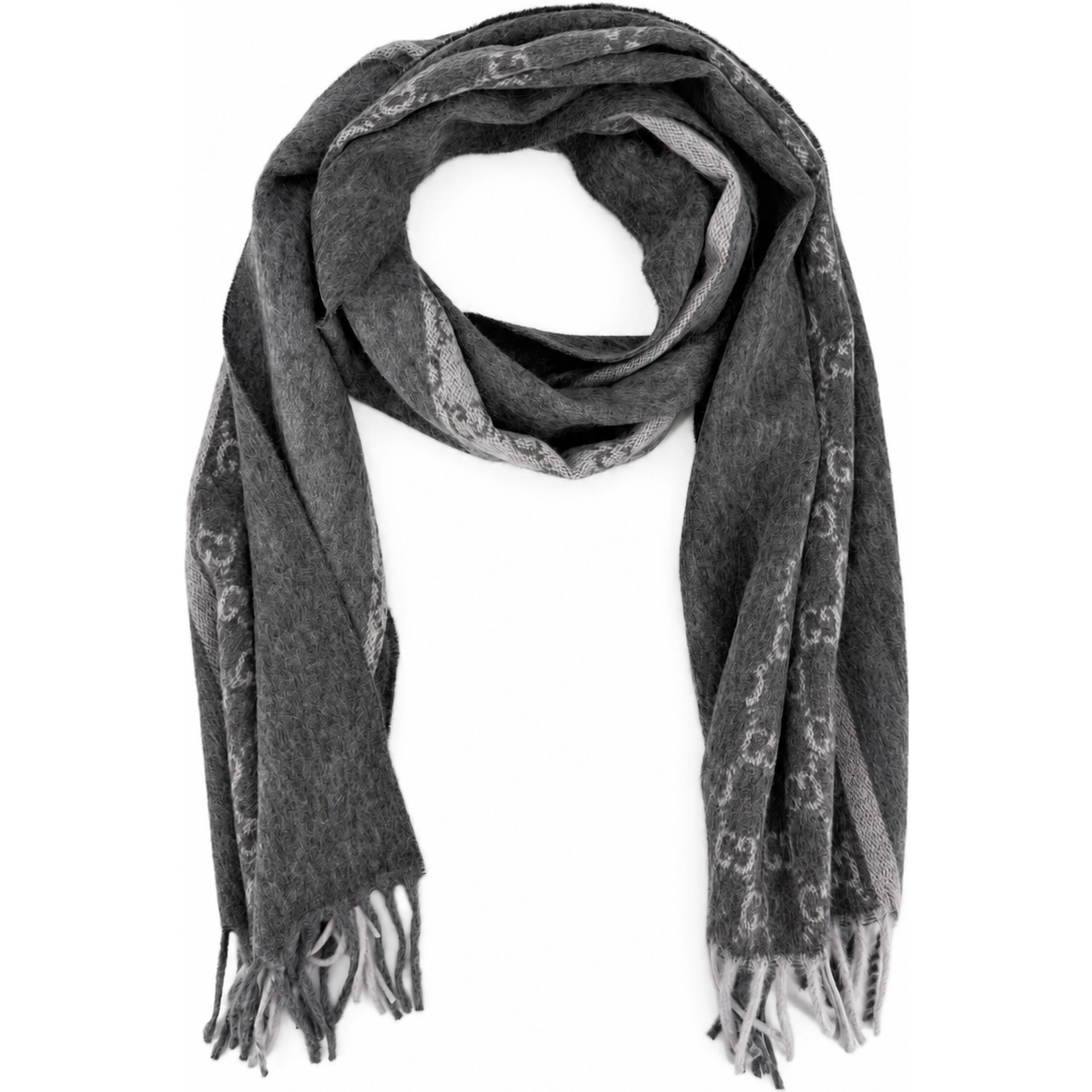 Monogram Charcoal Grey Cashmere & Wool Scarf with Fringe