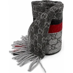 Monogram Grey Cashmere & Wool Scarf with Red & Black Stripe