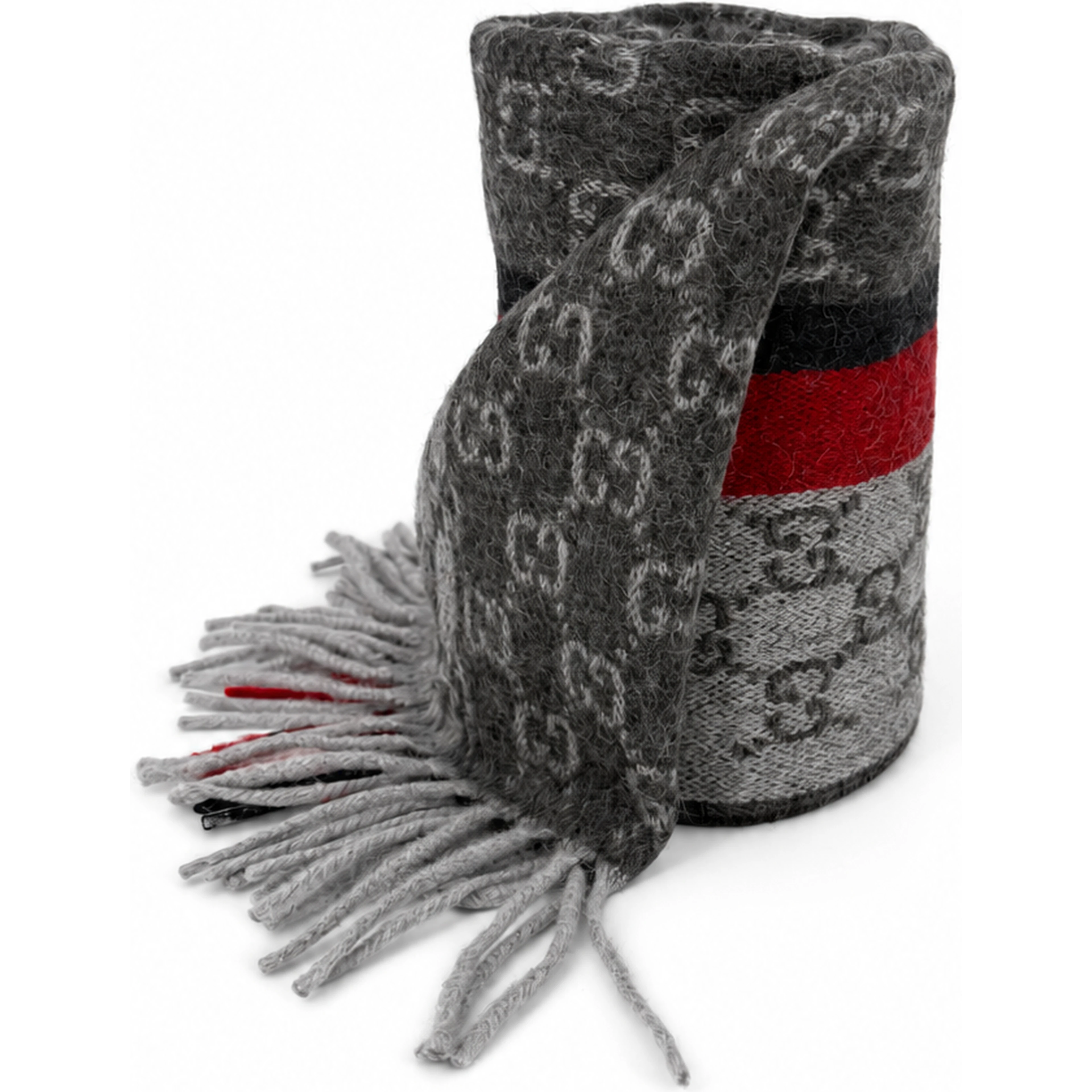 Monogram Grey Cashmere & Wool Scarf with Red & Black Stripe