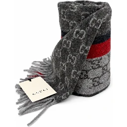 Monogram Grey Cashmere & Wool Scarf with Red & Black Stripe