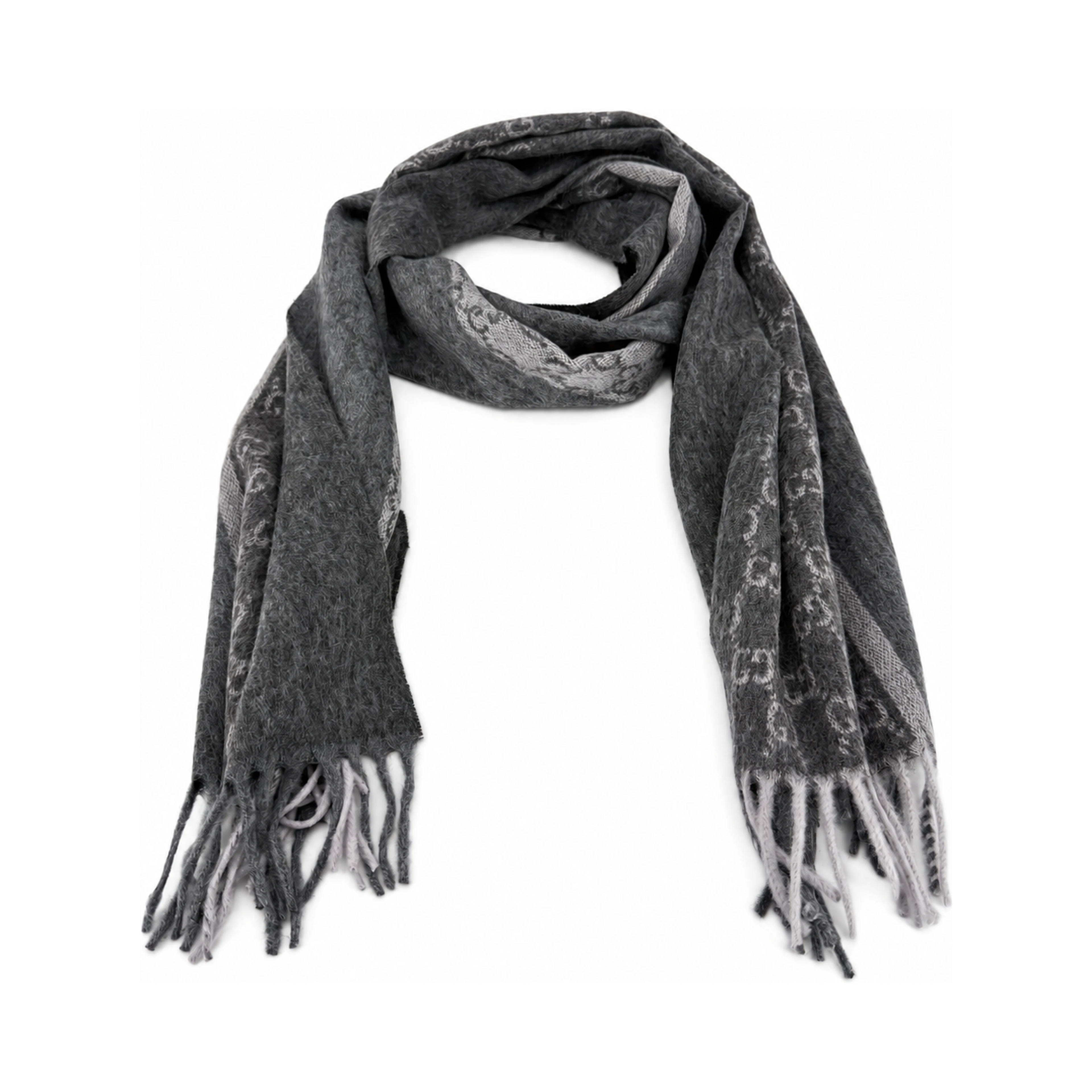 Monogram Charcoal Grey Cashmere & Wool Scarf with Fringe