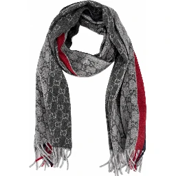 Monogram Grey Cashmere & Wool Scarf with Red & Black Stripe