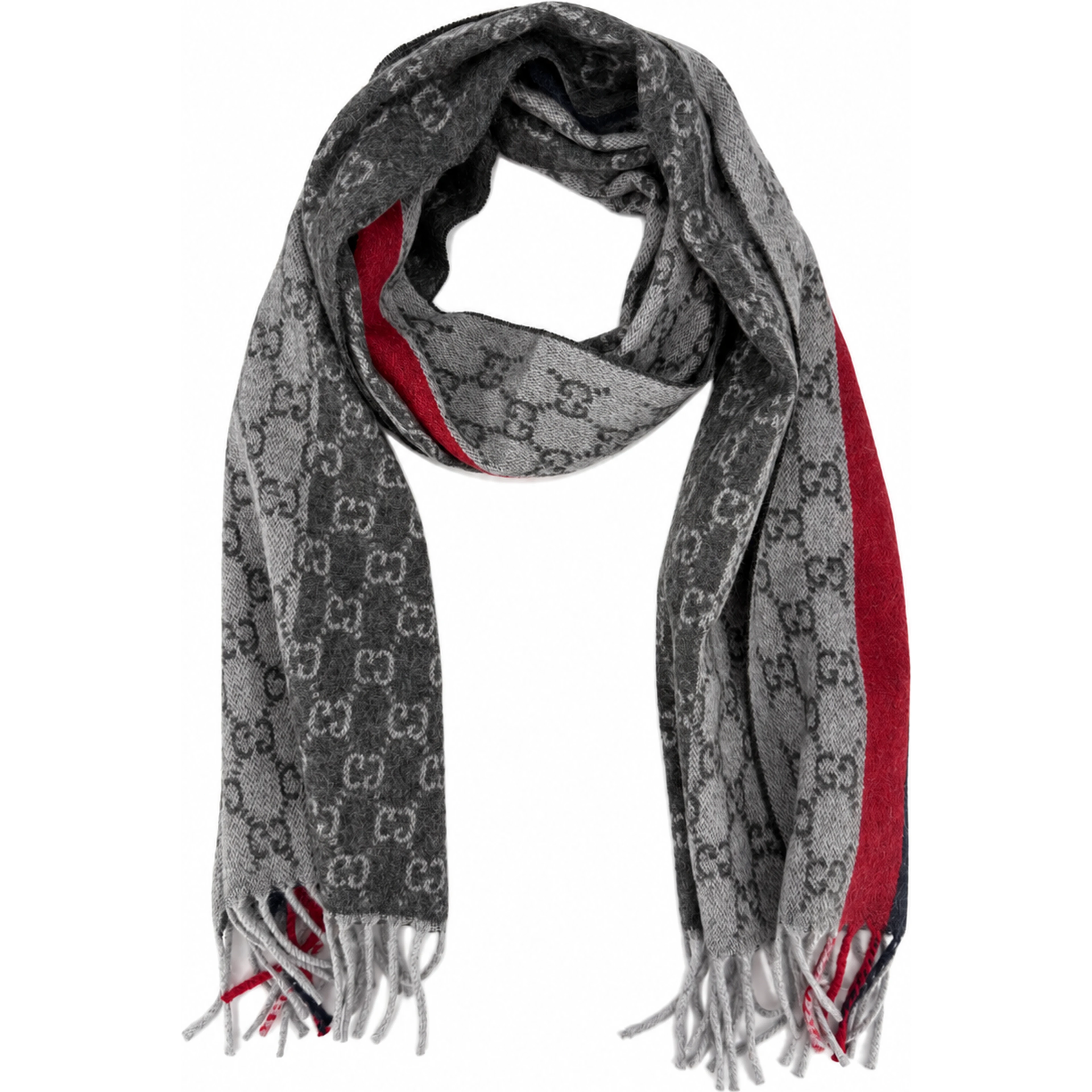Monogram Grey Cashmere & Wool Scarf with Red & Black Stripe