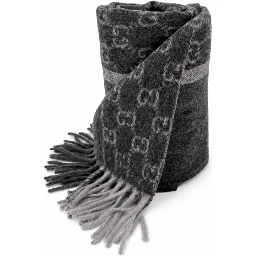 Monogram Charcoal Grey Cashmere & Wool Scarf with Fringe