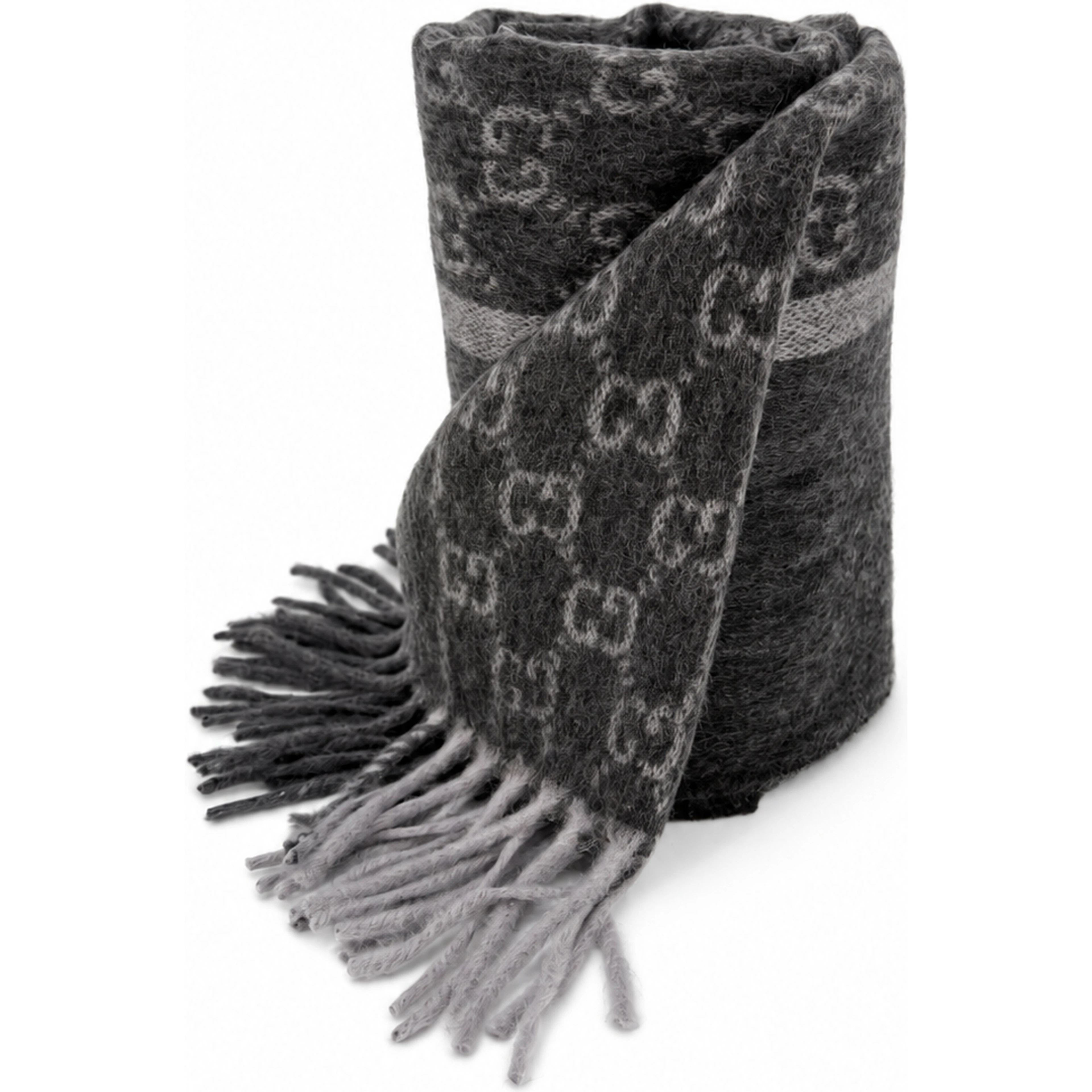 Monogram Charcoal Grey Cashmere & Wool Scarf with Fringe