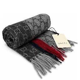 Monogram Grey Cashmere & Wool Scarf with Red & Black Stripe