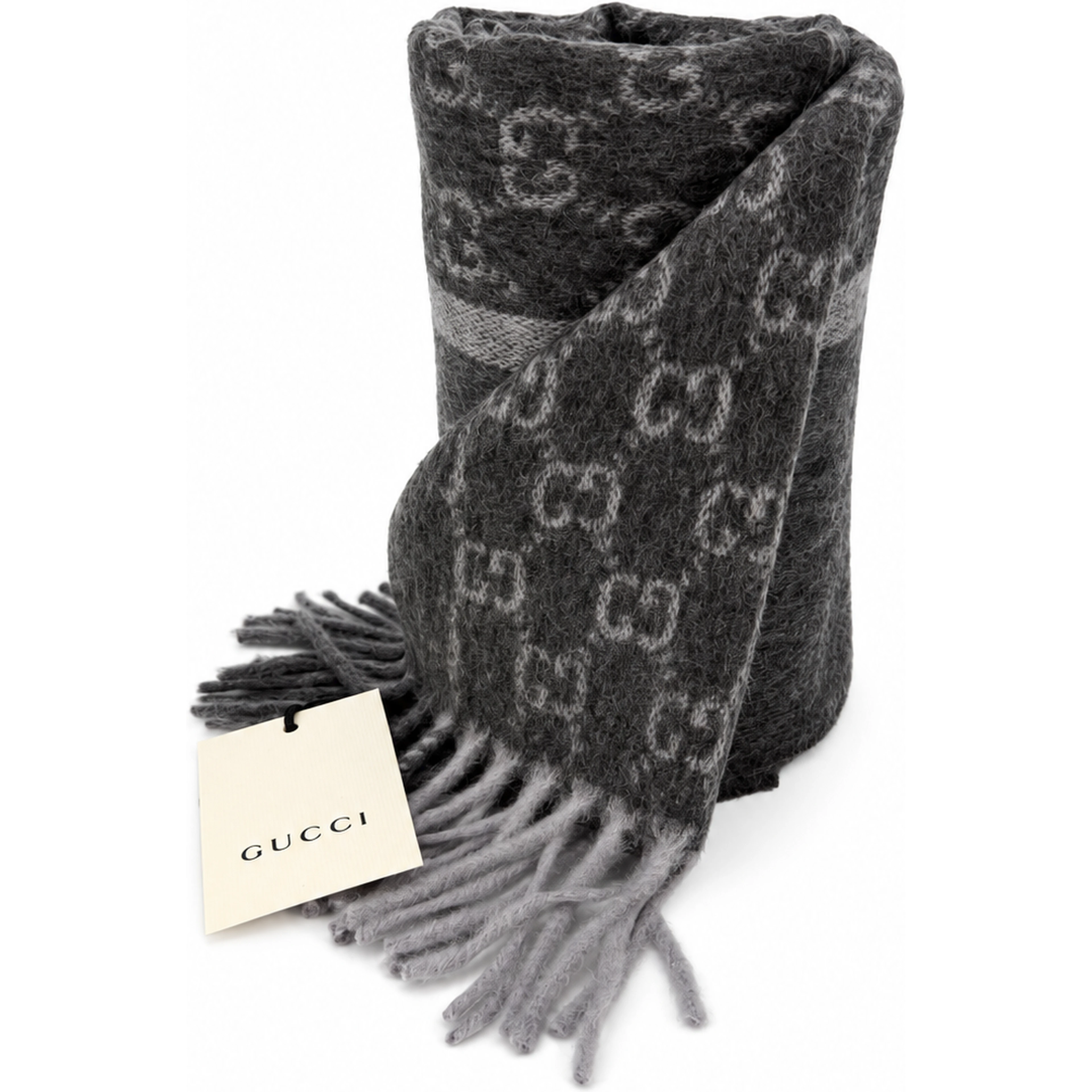 Monogram Charcoal Grey Cashmere & Wool Scarf with Fringe