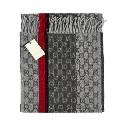 Monogram Grey Cashmere & Wool Scarf with Red & Black Stripe