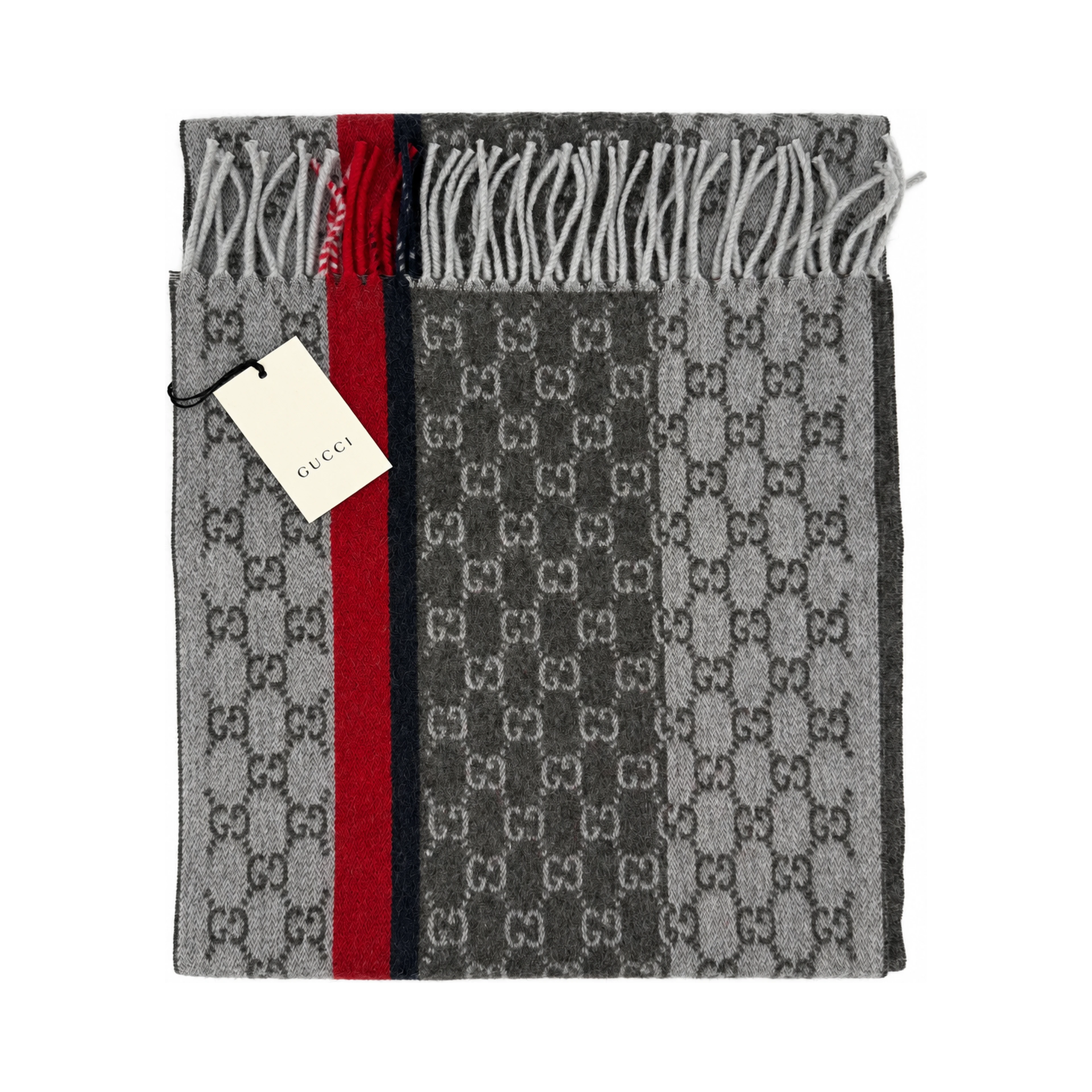 Monogram Grey Cashmere & Wool Scarf with Red & Black Stripe