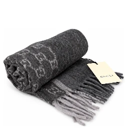 Monogram Charcoal Grey Cashmere & Wool Scarf with Fringe