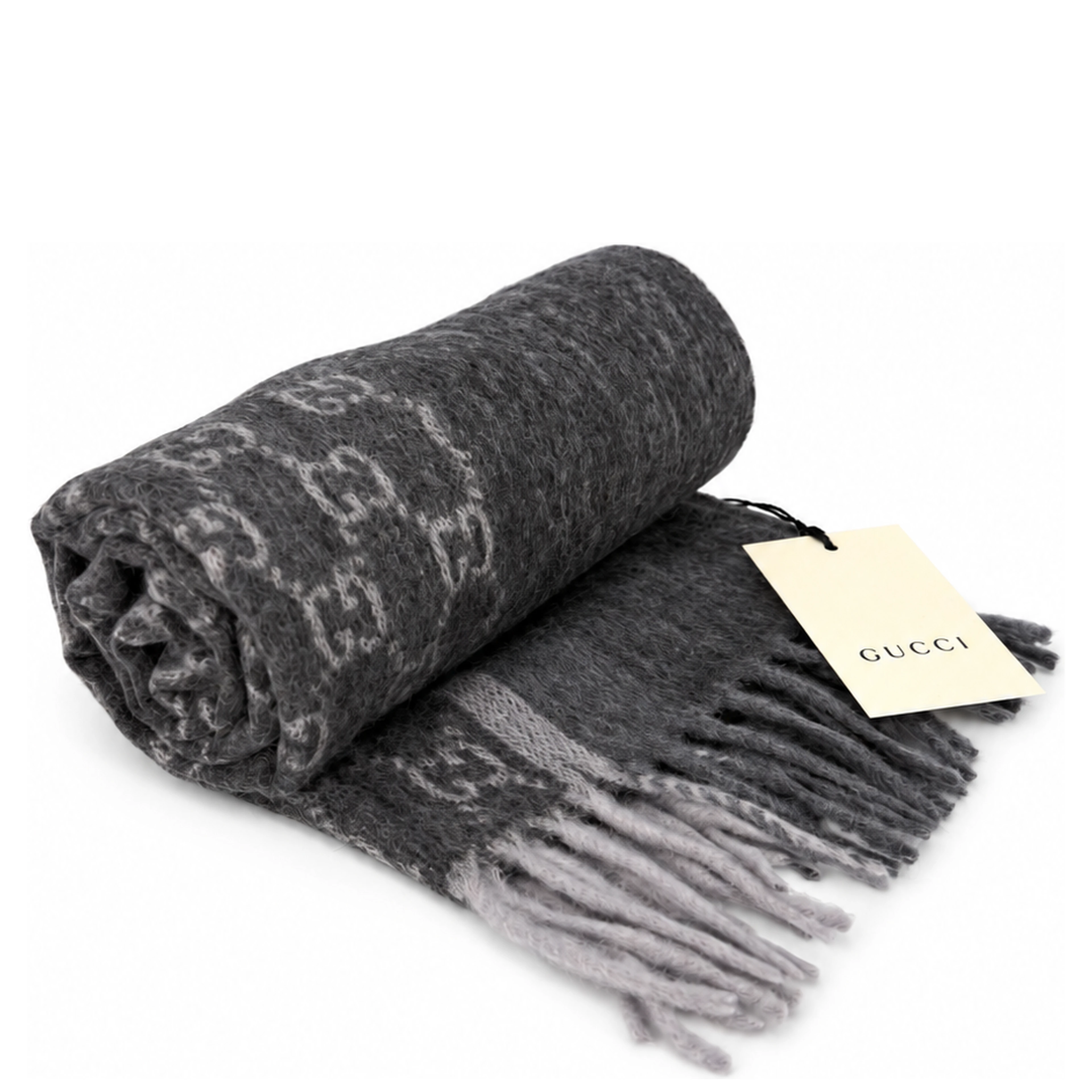 Monogram Charcoal Grey Cashmere & Wool Scarf with Fringe