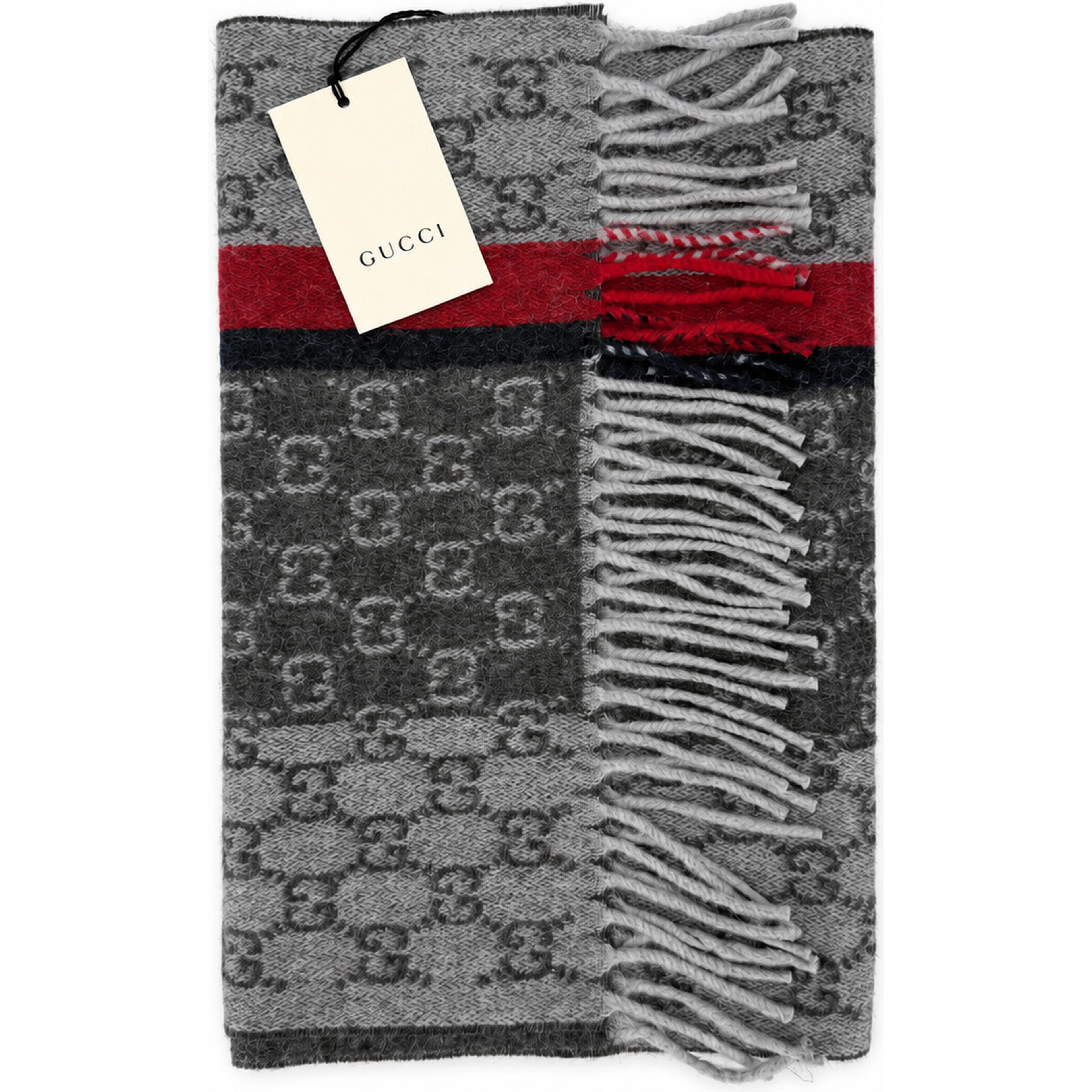 Monogram Grey Cashmere & Wool Scarf with Red & Black Stripe