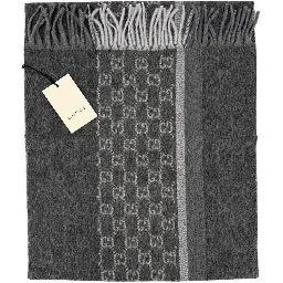 Monogram Charcoal Grey Cashmere & Wool Scarf with Fringe