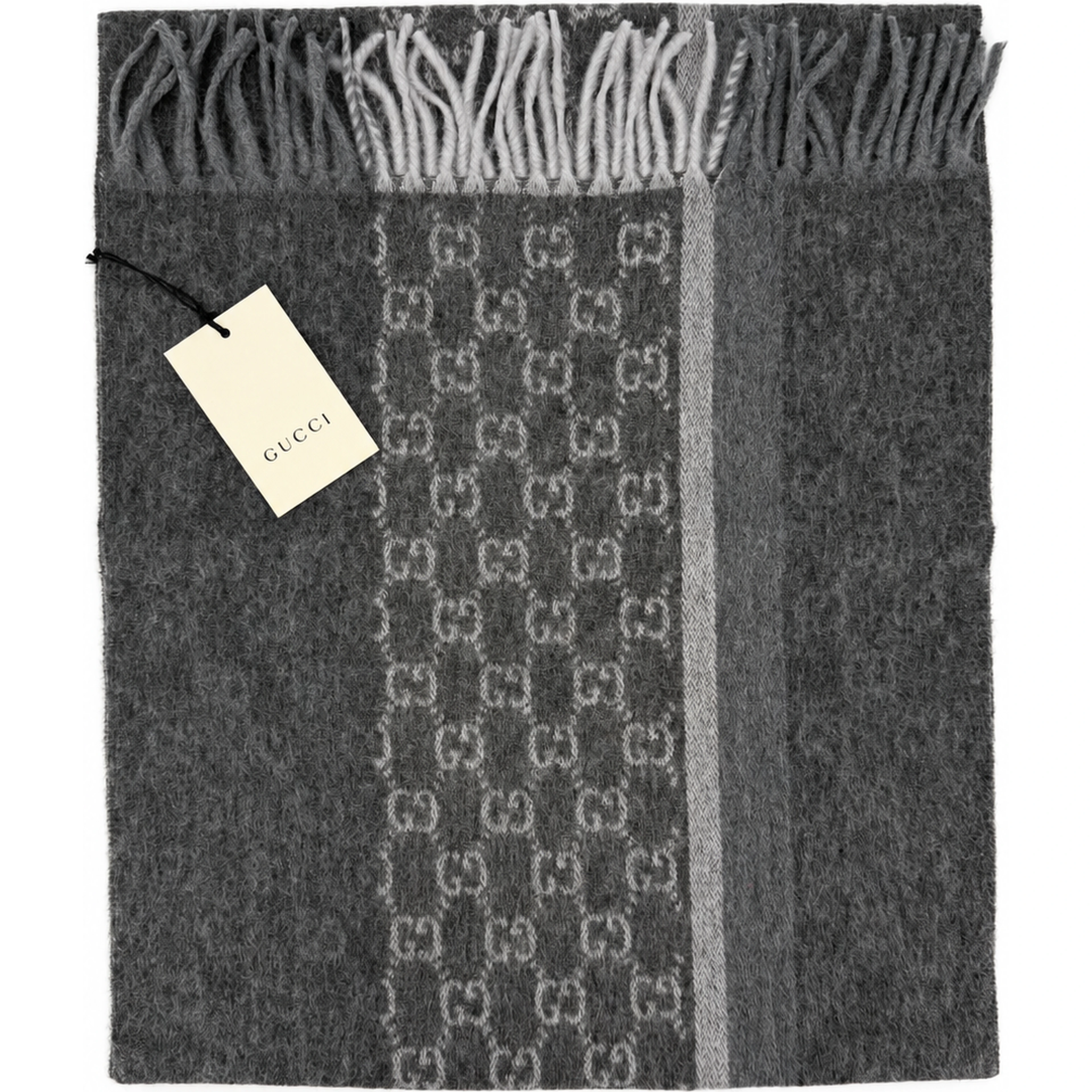 Monogram Charcoal Grey Cashmere & Wool Scarf with Fringe