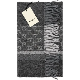 Monogram Charcoal Grey Cashmere & Wool Scarf with Fringe