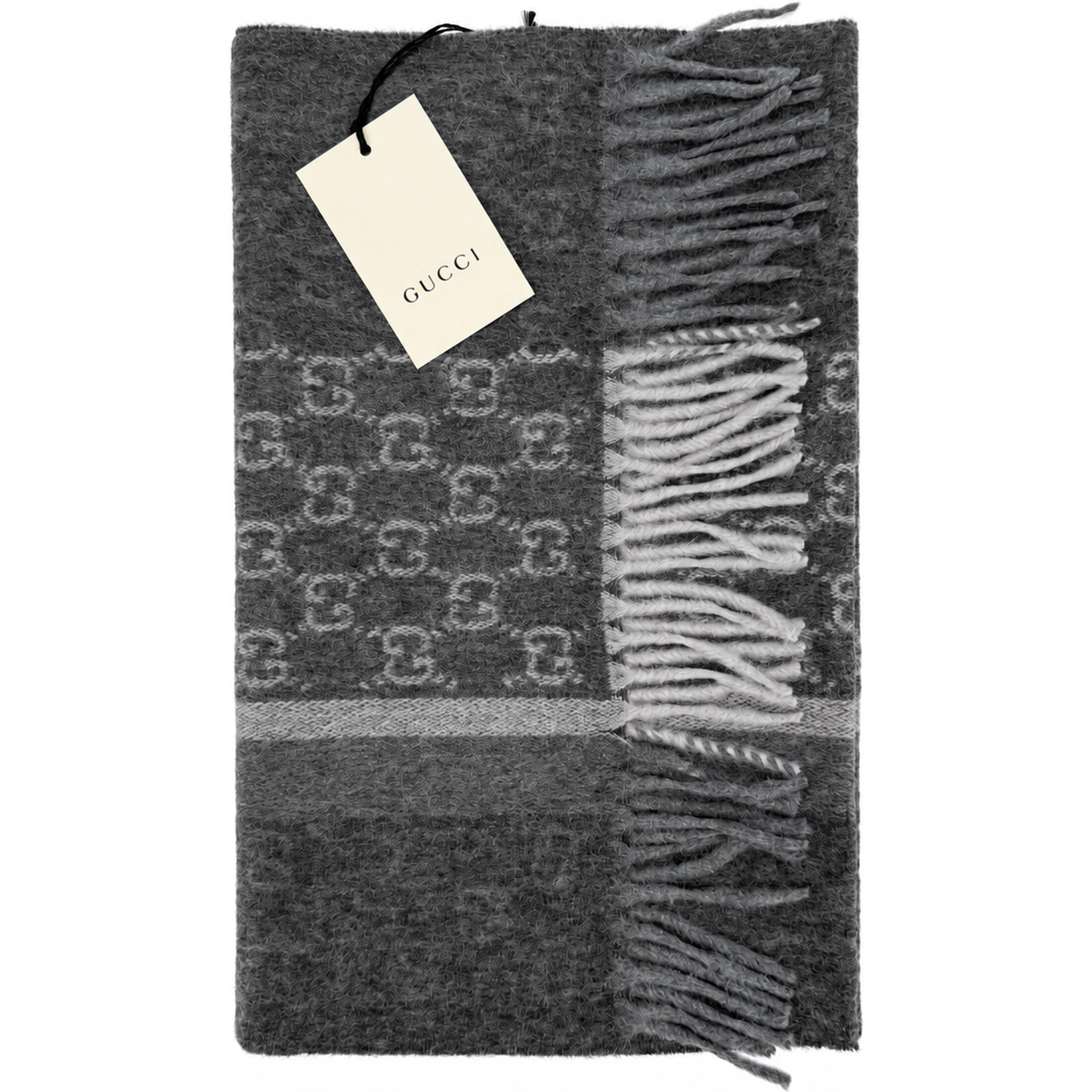 Monogram Charcoal Grey Cashmere & Wool Scarf with Fringe