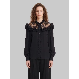 High-neck ruffled blouse in crêpe de chine and lace