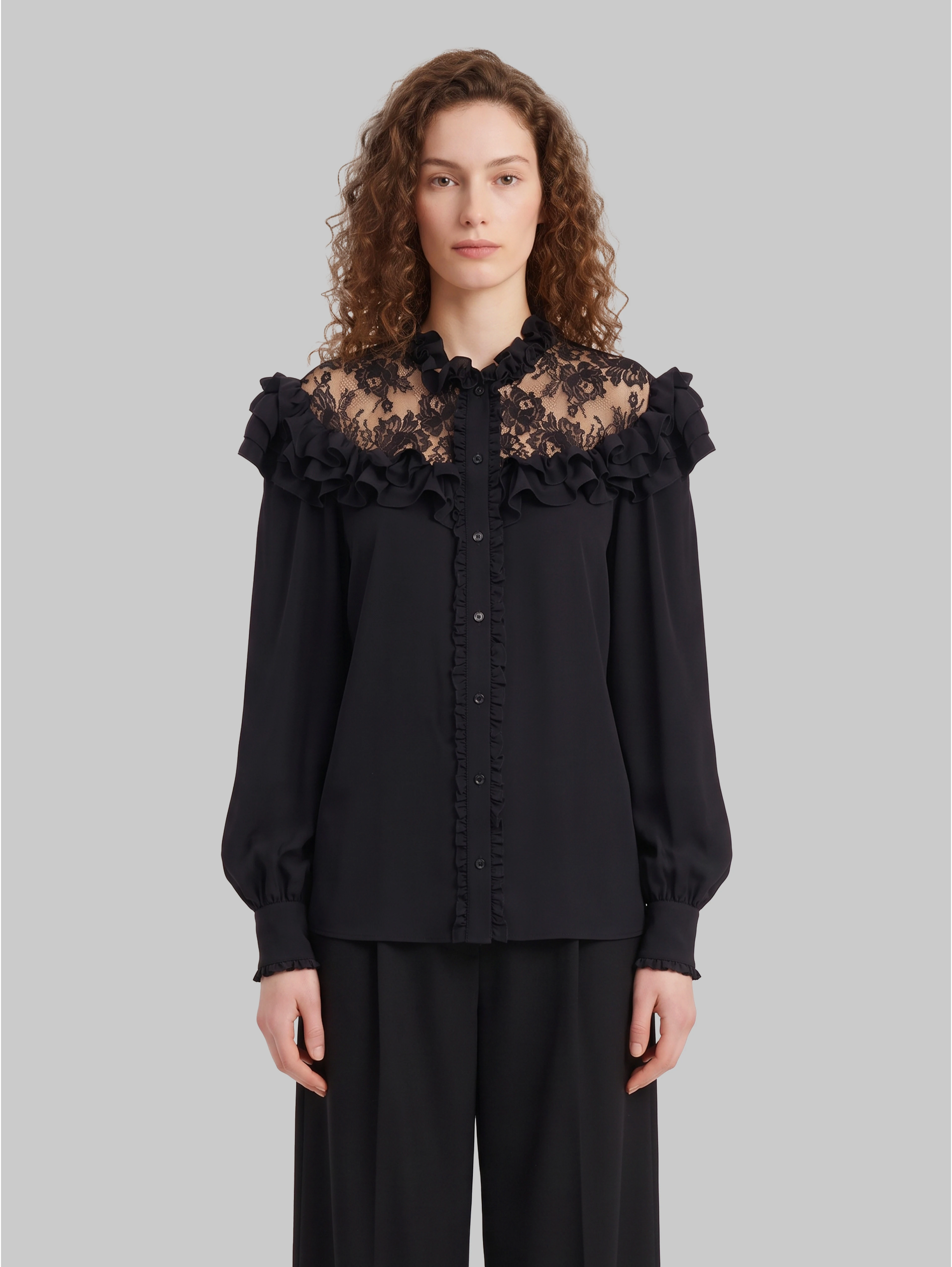 High-neck ruffled blouse in crêpe de chine and lace