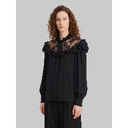 High-neck ruffled blouse in crêpe de chine and lace
