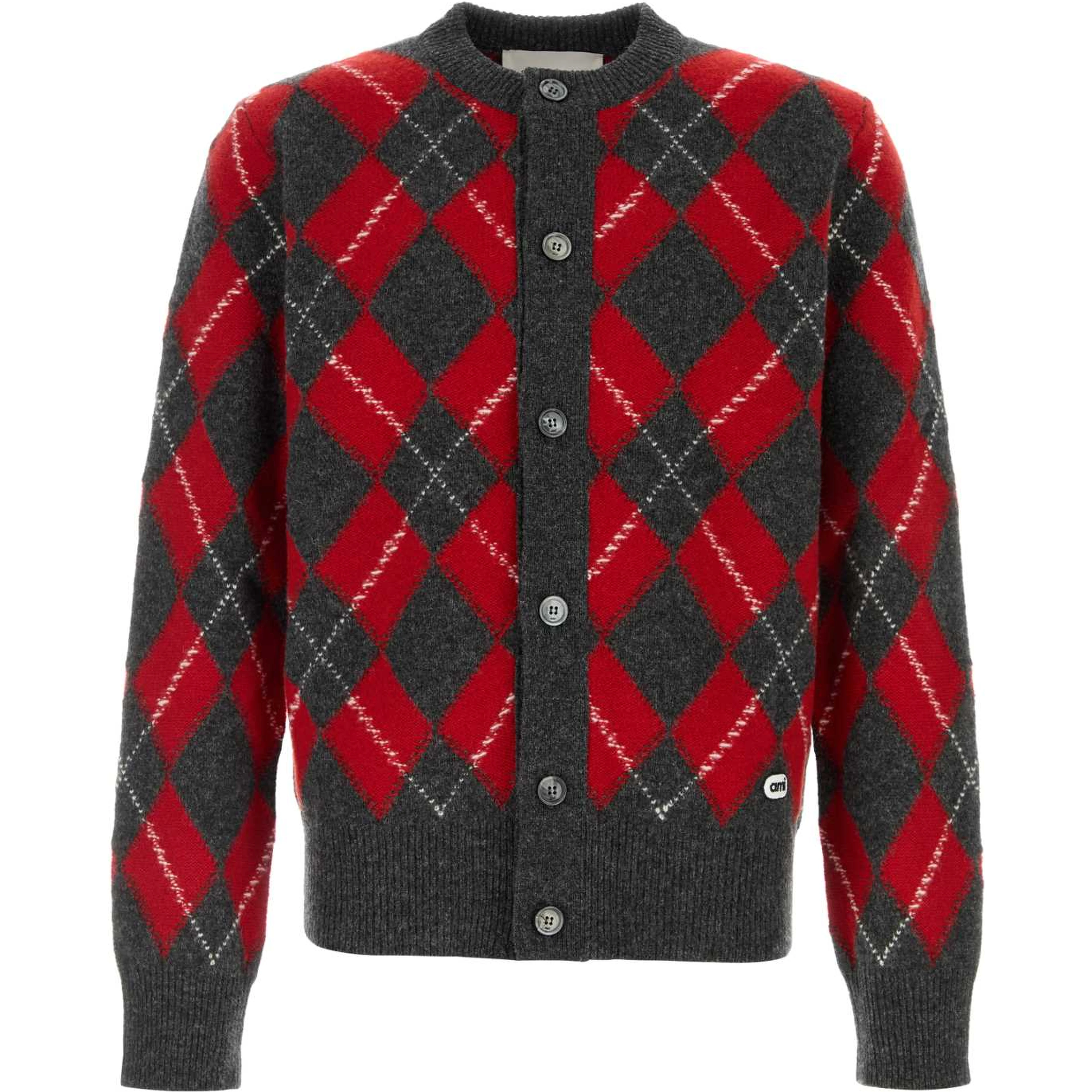 CREWNECKCARDIGANWITHAMIBOUCLETTEOVALPATCH