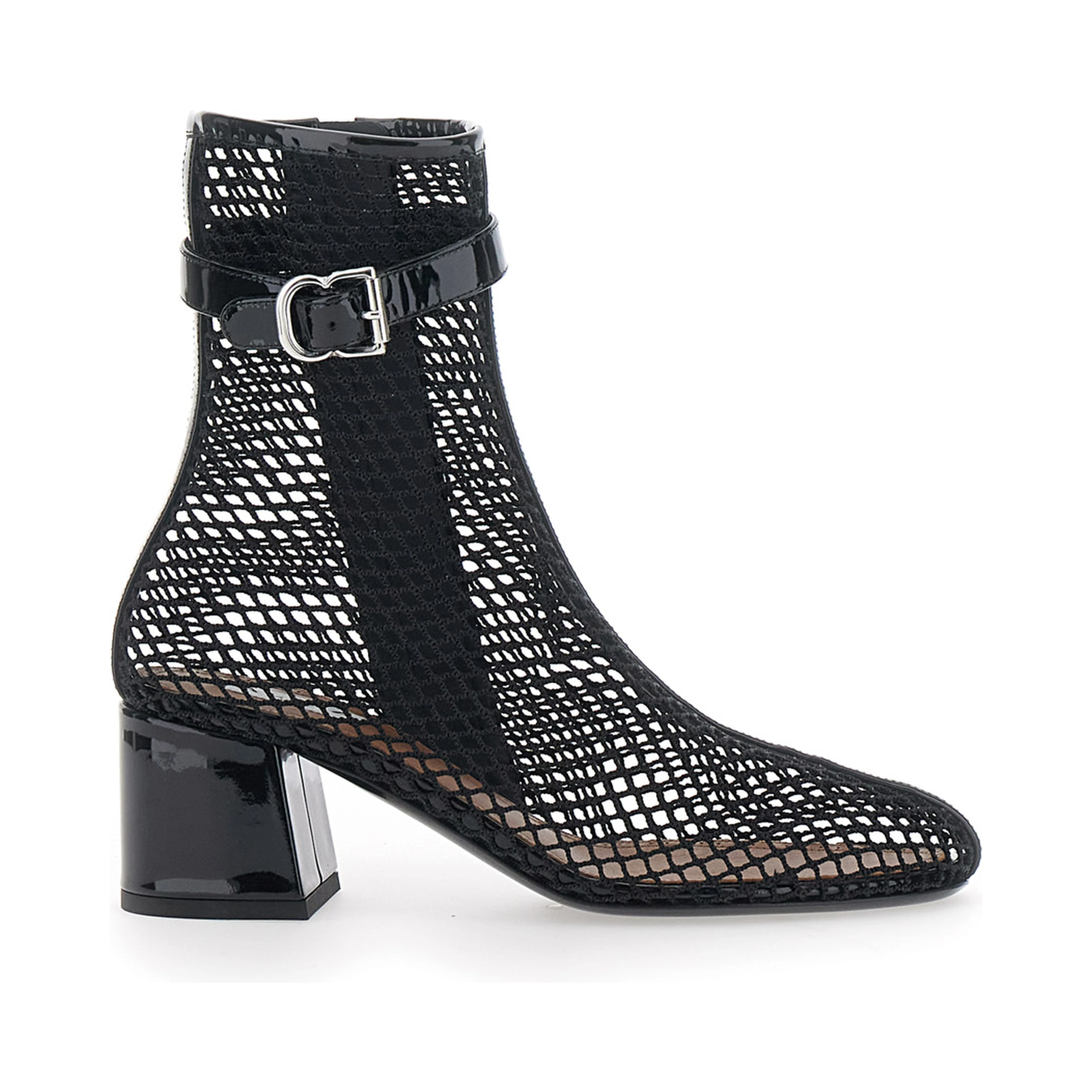 Ankle boots with mesh and high heel in black leather for women