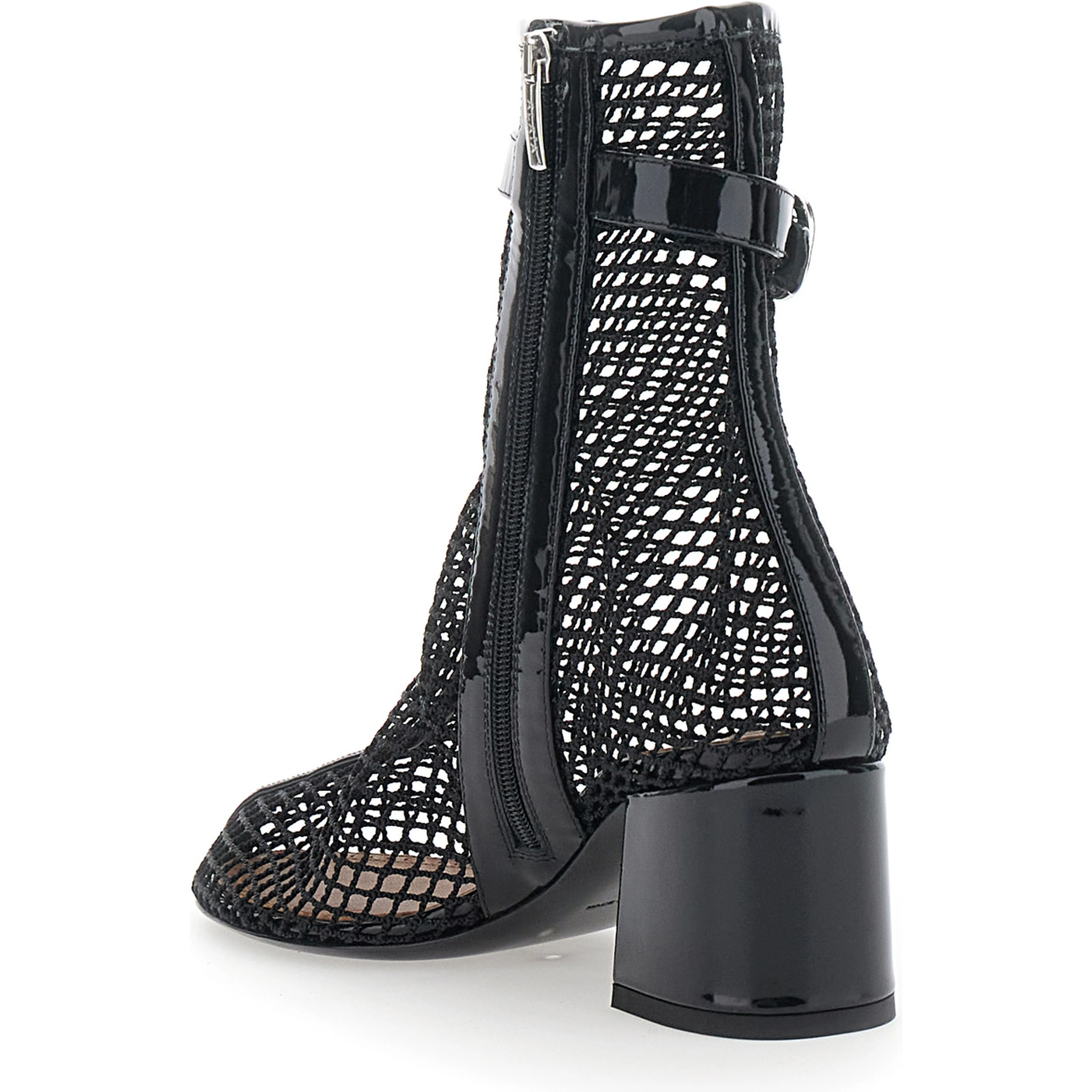 Ankle boots with mesh and high heel in black leather for women