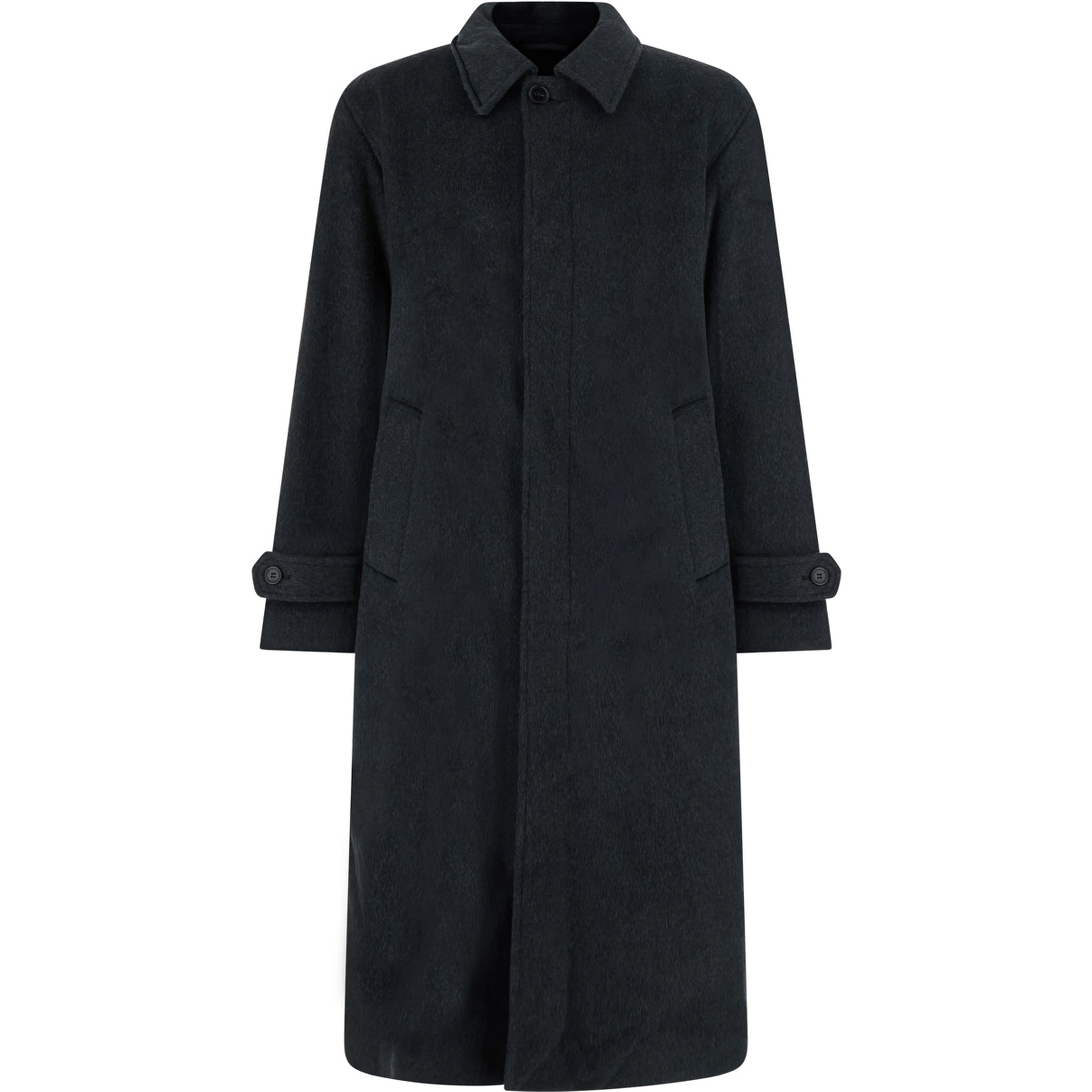 Gray Coat with Notched Revers and Front Button Closure. Features two side pockets and long sleeves. Made of Tech Fabric. Gray. Men.