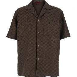 Brown Bowling Shirt with Peak Collar and  All-Over GG Motif in Linen Blend for Men