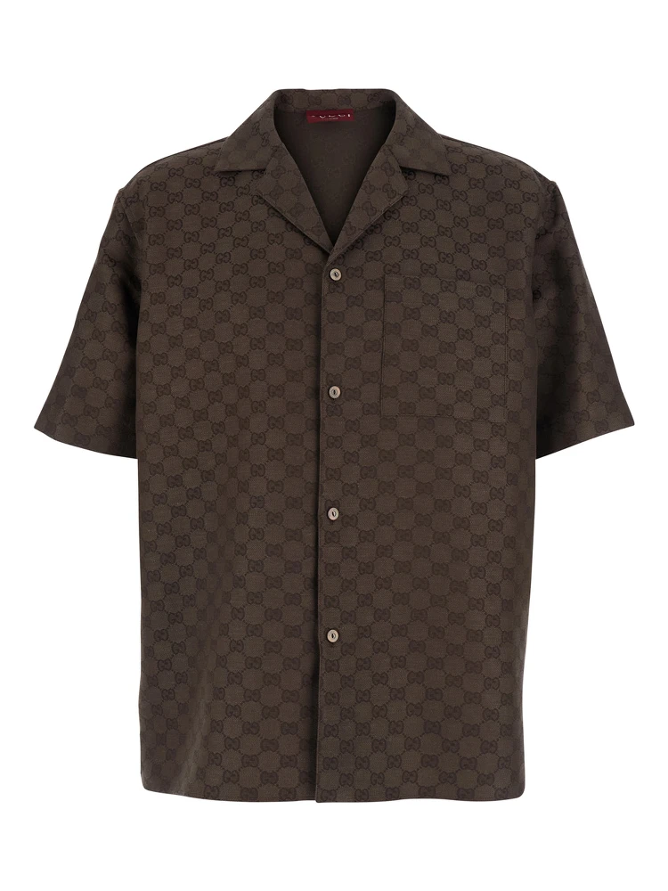 Brown Bowling Shirt with Peak Collar and  All-Over GG Motif in Linen Blend for Men