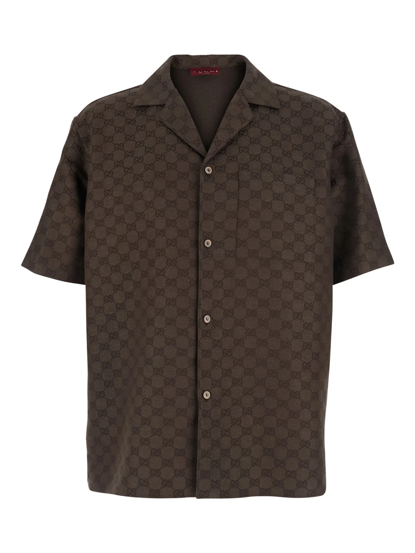 Brown Bowling Shirt with Peak Collar and  All-Over GG Motif in Linen Blend for Men