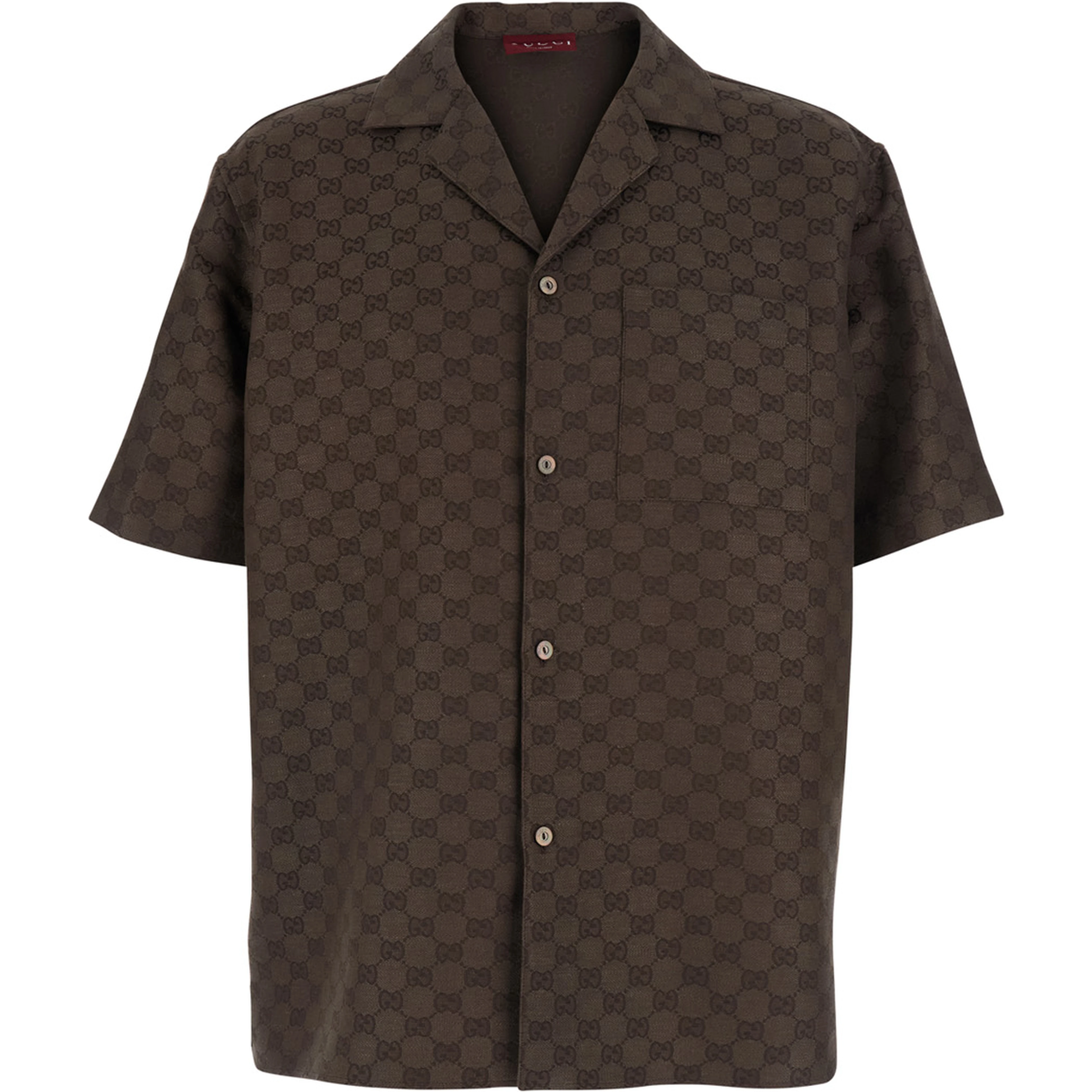 Brown Bowling Shirt with Peak Collar and  All-Over GG Motif in Linen Blend for Men