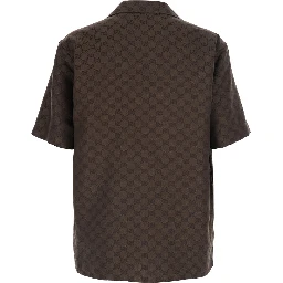 Brown Bowling Shirt with Peak Collar and  All-Over GG Motif in Linen Blend for Men