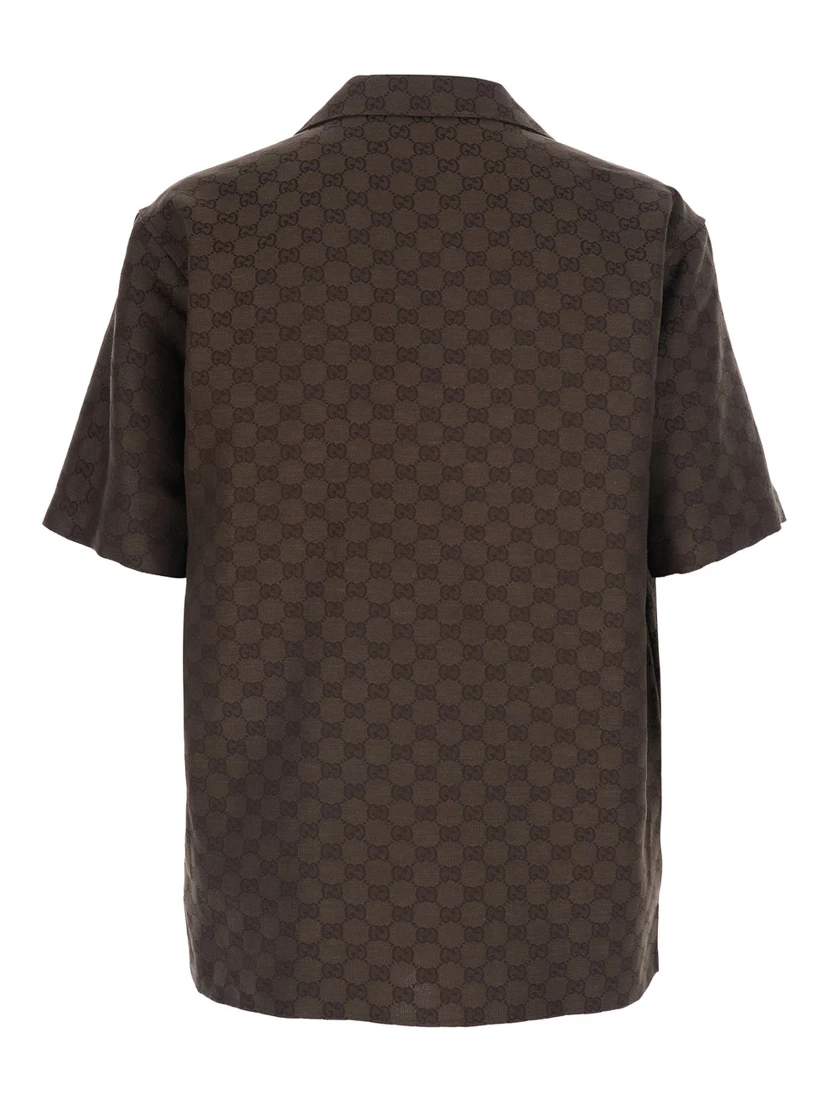 Brown Bowling Shirt with Peak Collar and  All-Over GG Motif in Linen Blend for Men