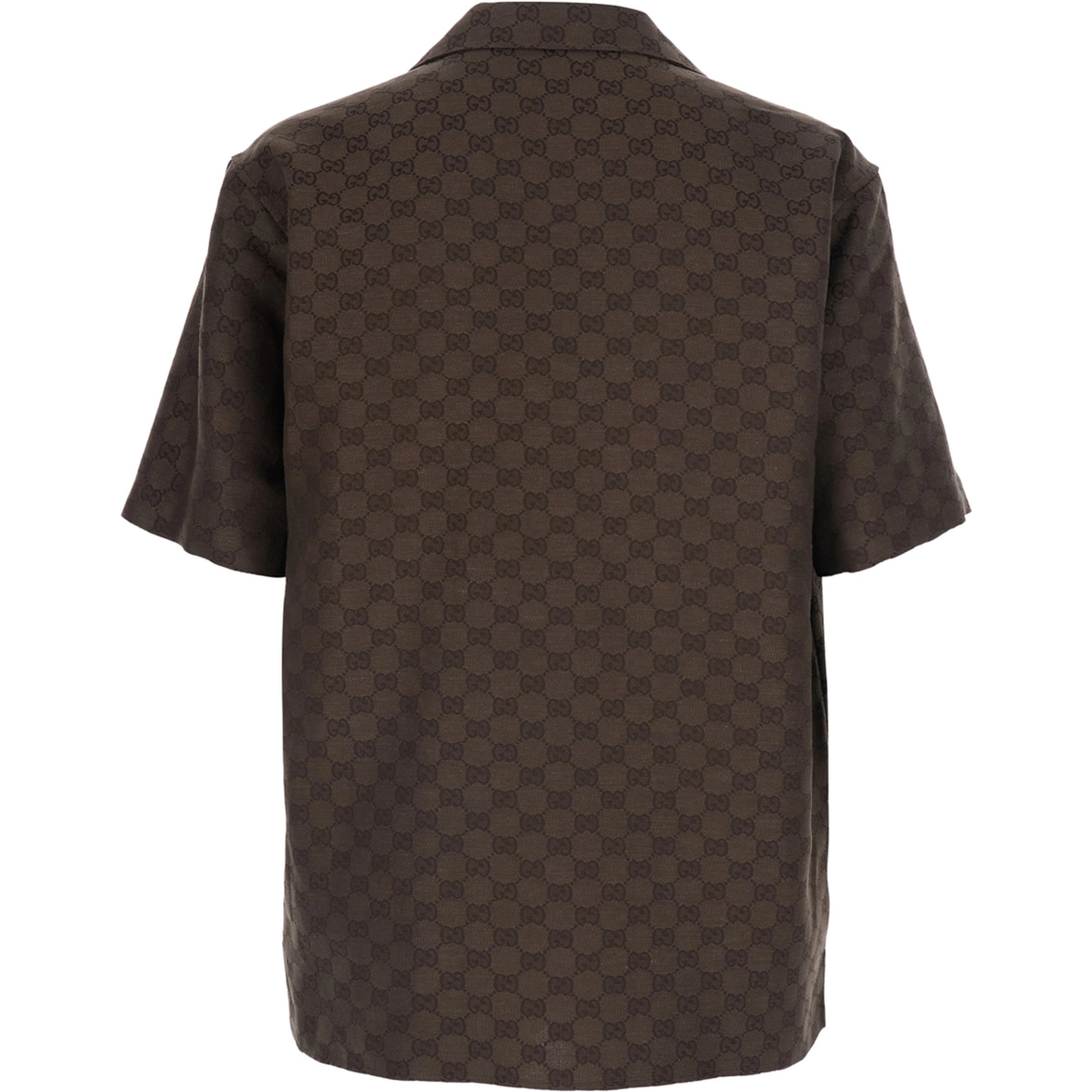 Brown Bowling Shirt with Peak Collar and  All-Over GG Motif in Linen Blend for Men