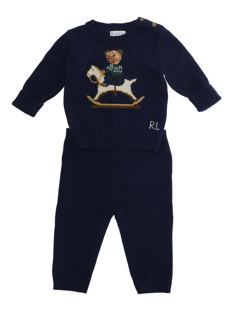 Knit set with round neck and long sleeves in blue for boy