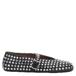 Ballet flats with leather sole and almond toe in black, women
