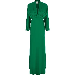 Silk Satin Dress with V Neckline and Long Sleeves, Silk, Green, Women