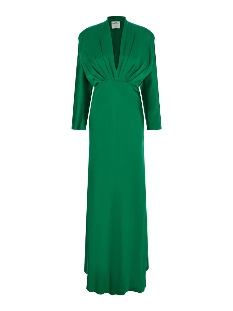Silk Satin Dress with V Neckline and Long Sleeves, Silk, Green, Women