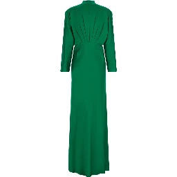 Silk Satin Dress with V Neckline and Long Sleeves, Silk, Green, Women