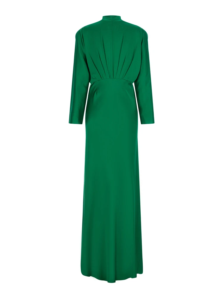 Silk Satin Dress with V Neckline and Long Sleeves, Silk, Green, Women alternative