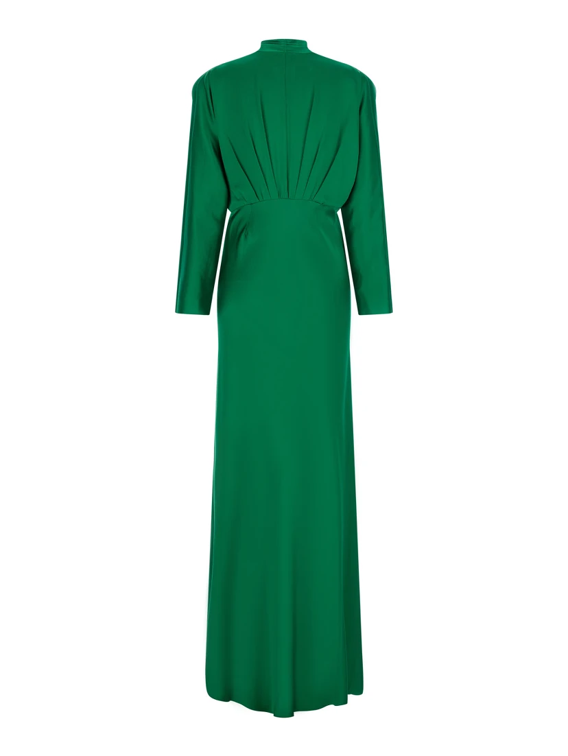 Silk Satin Dress with V Neckline and Long Sleeves, Silk, Green, Women