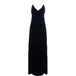 Long dress in silk velvet with beaded straps and blue color for women