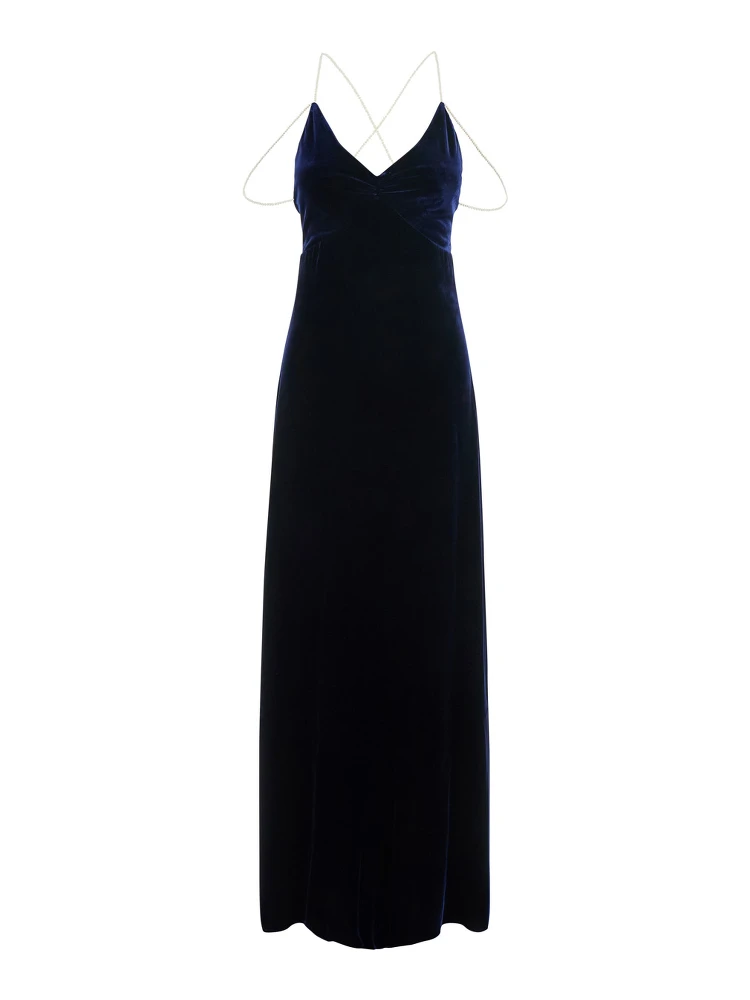 Long dress in silk velvet with beaded straps and blue color for women