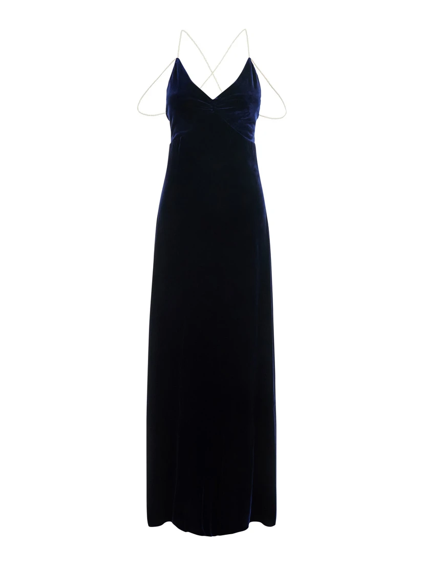 Long dress in silk velvet with beaded straps and blue color for women