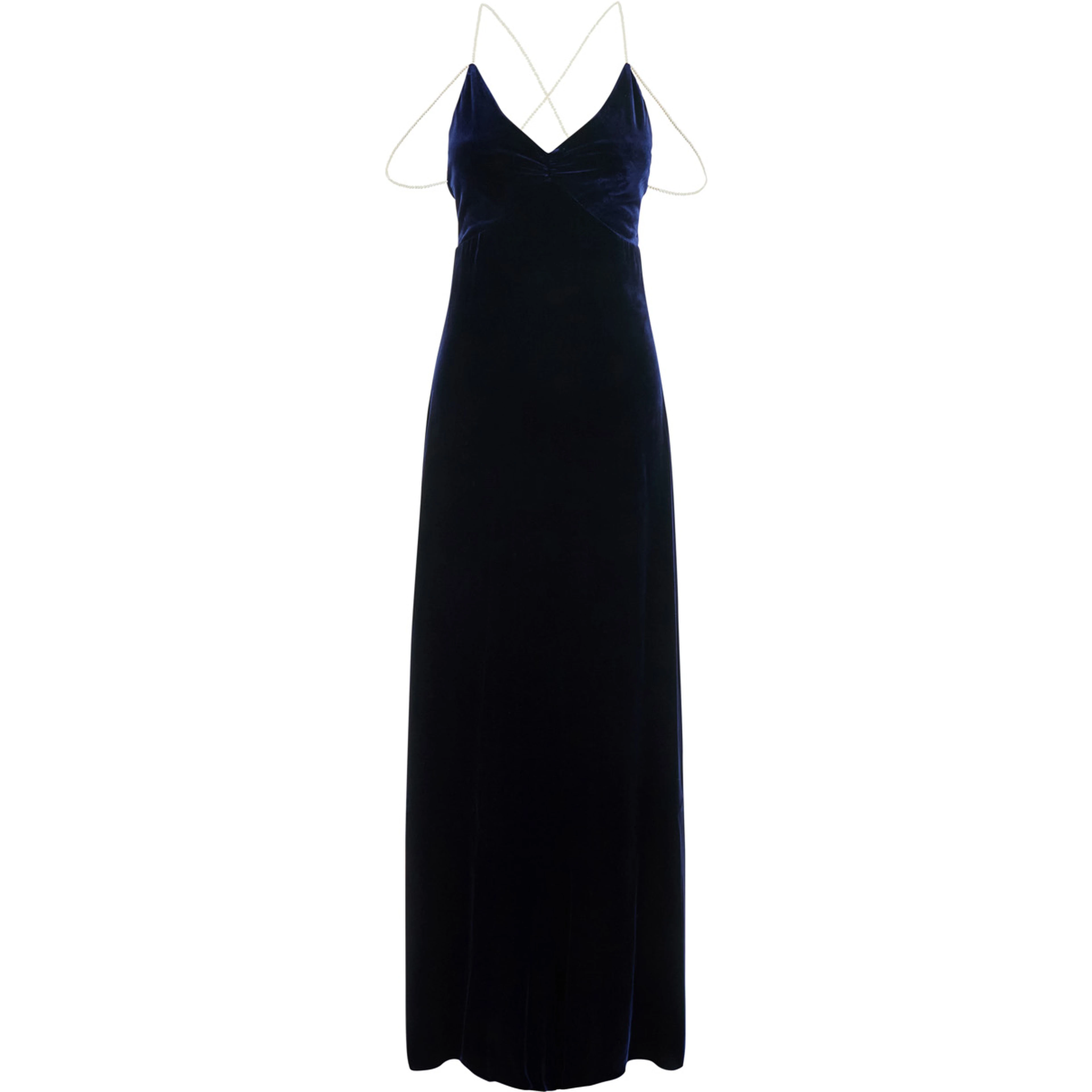 Long dress in silk velvet with beaded straps and blue color for women