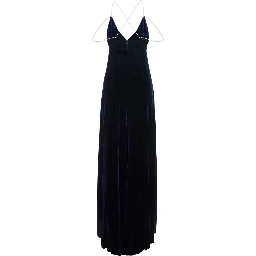 Long dress in silk velvet with beaded straps and blue color for women