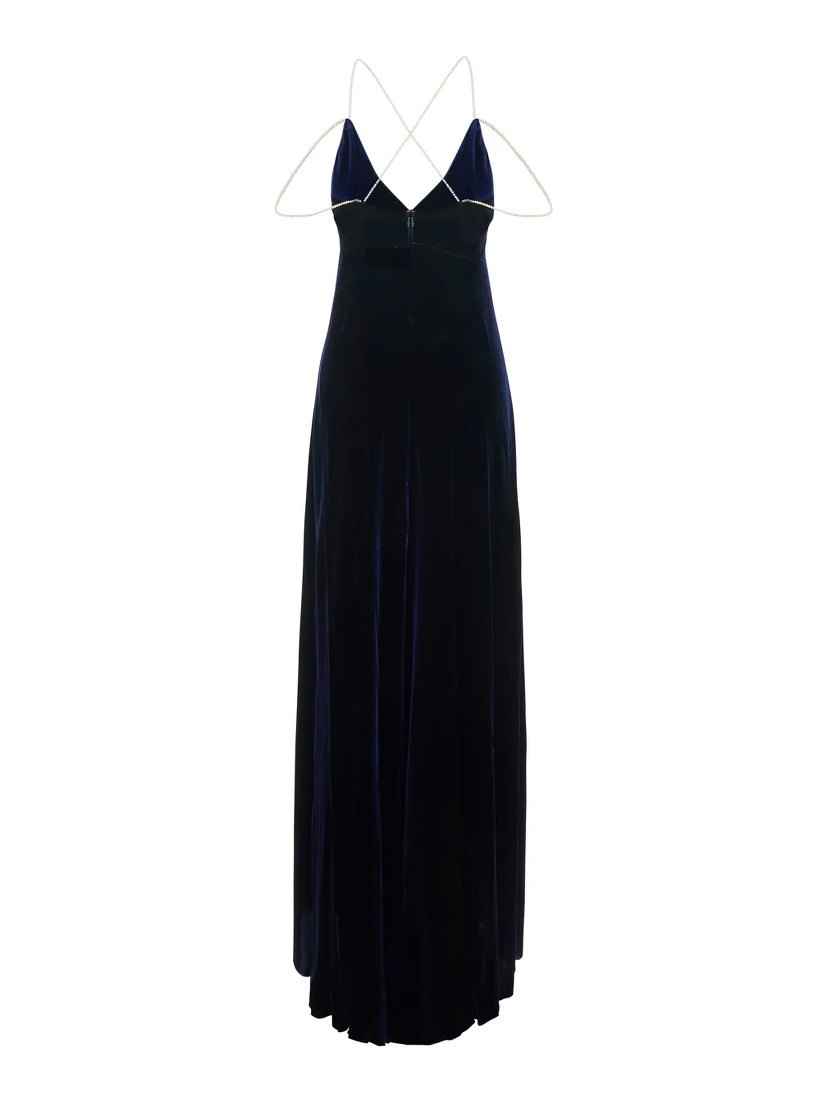 Long dress in silk velvet with beaded straps and blue color for women